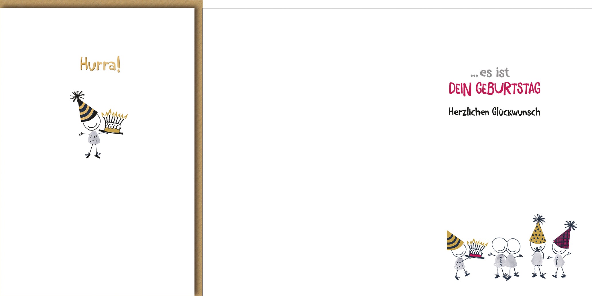 Lustige Geburtstagskarte: Stick-Figuren mit Party-Hüten und bunten Accessoires