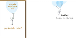 Lustige Geburtstagskarte: Strichmännchen mit Luftballons und Alters-Wortwitz