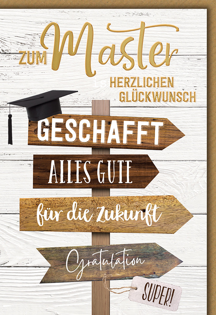 Masterabschluss-Karte: Rustikales Holzschild-Design mit Doktorhut – Glückwünsche zur Zukunft