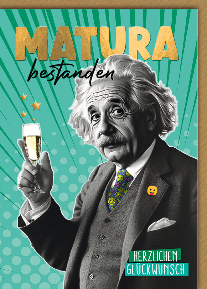 Matura-Glückwunschkarte: Einstein mit Sektglas und Smiley-Krawatte, lustiger Retro-Stil