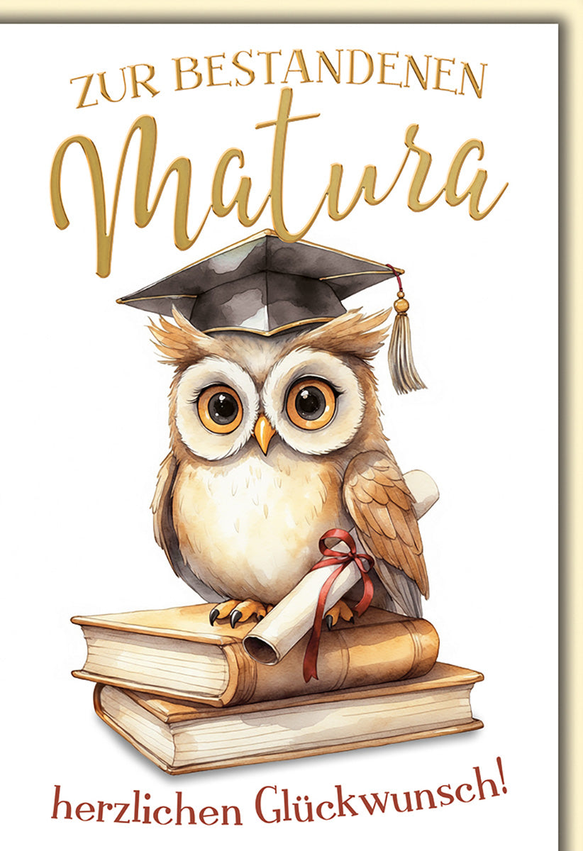 Maturakarte Eule mit Doktorhut – Verspieltes Design, Bücher & Diplom, Goldene Schriftzüge