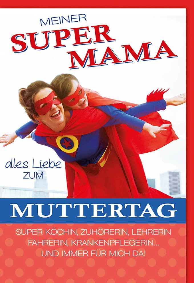 Muttertagskarte – Supermama Heldin der Familie mit farblich passendem Kuvert, liebevolle Dankbarkeit für die beste Mama
