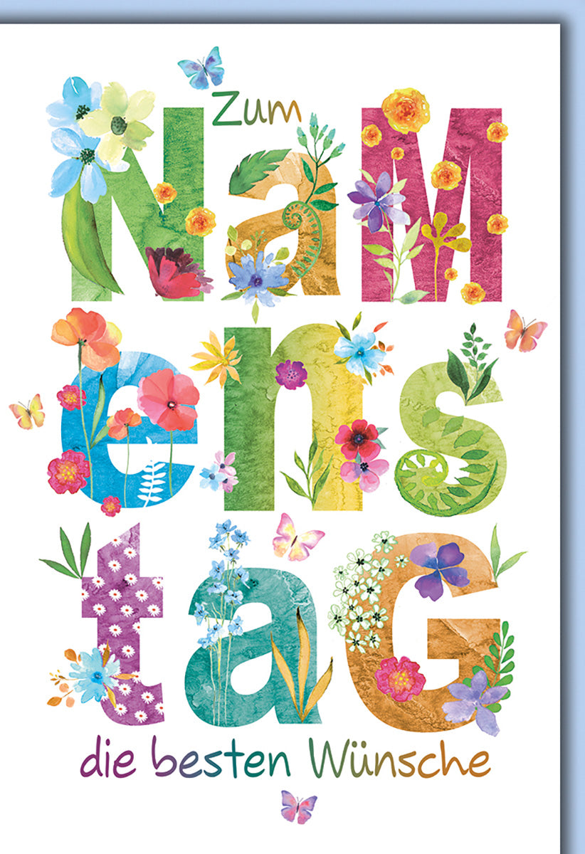 Namenstagskarte – Bunte Blumenbuchstaben mit Schmetterlingen, fröhlich und farbenfroh für Naturfreunde