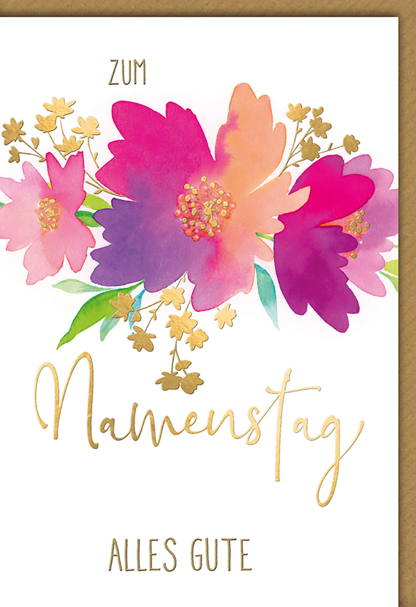 Namenstagskarte mit Blumenmotiv – Aquarellblüten in Pink und Gold, elegante Schrift für besondere Grüße