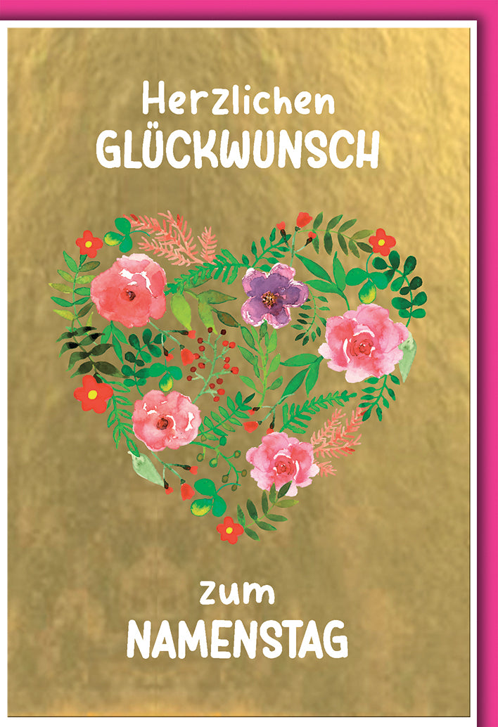 Namenstagskarte Romantisch: Blumenherz in Aquarell-Stil auf goldenem Hintergrund