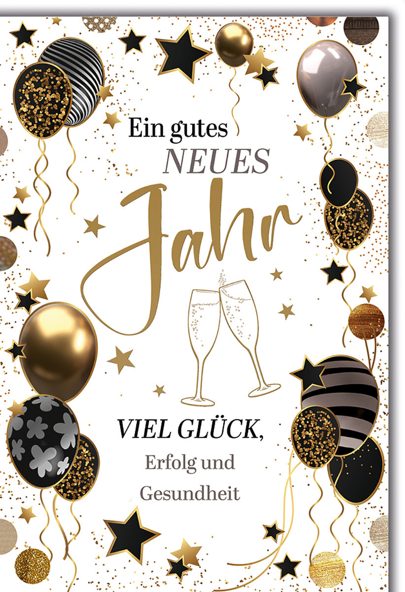 Neujahrskarte Elegante Feier – Goldene Ballons & Sterne, Glänzende Akzente für Glück & Erfolg