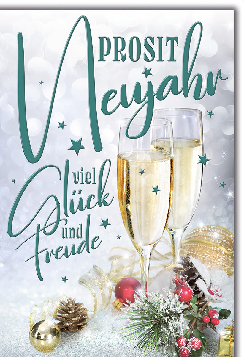 Neujahrskarte: Elegante Sektgläser mit Goldakzenten und festlichem Dekor für einen stilvollen Jahreswechsel