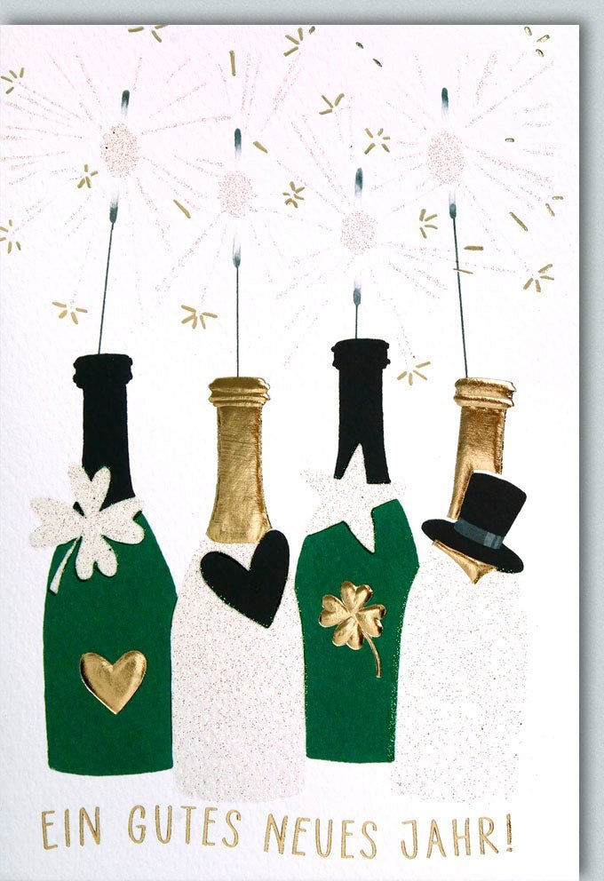 Neujahrskarte Sektflaschen Wunderkerzen Design Gold Grün mit Kuvert - Festliche Neujahrsgrüße & Glückwünsche