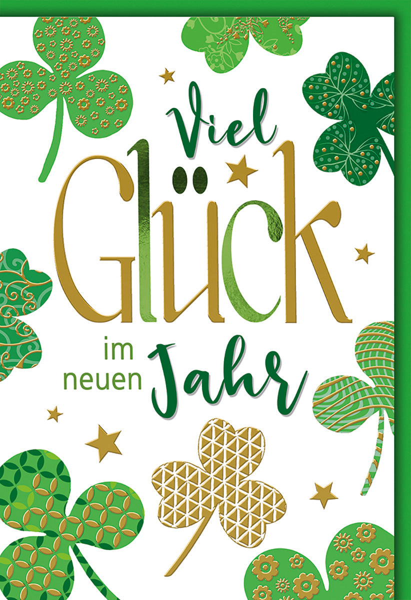 Neujahrskarte Kleeblatt-Design, Gold-Grün, Glückwünsche für das neue Jahr, stilvoll und modern