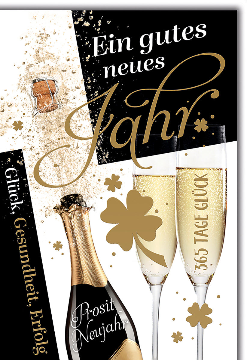 Neujahrskarte mit Sektflaschen-Motiv, eleganter Schwarz-Gold-Optik und Glückwünschen für ein erfolgreiches Jahr