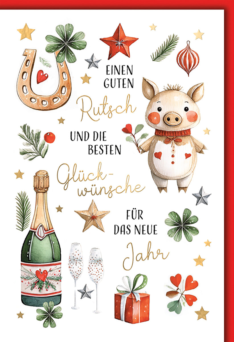 Neujahrskarte - Verspieltes Schweinchen & Glückssymbole, Festliche Farben, Perfekt für Freunde