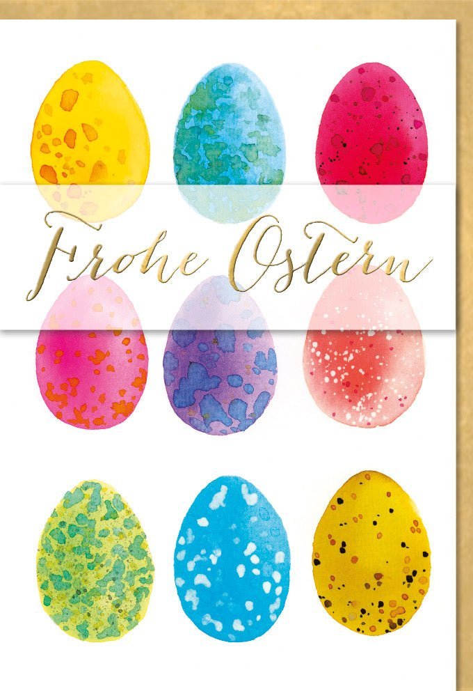 Osterkarte: Aquarell-Eier & frühlingshafte Folienprägung auf Naturkarton – Stilvolle Grüße für ein frohes Osterfest