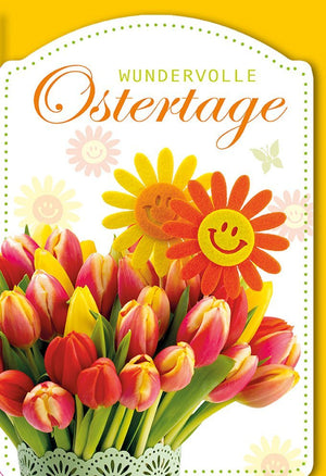 Osterkarte mit Frühlingsmotiv: Gelbe & rote Tulpen, Sonnenblumen-Design für festliche Ostergrüße und Dekoration – 210x148mm