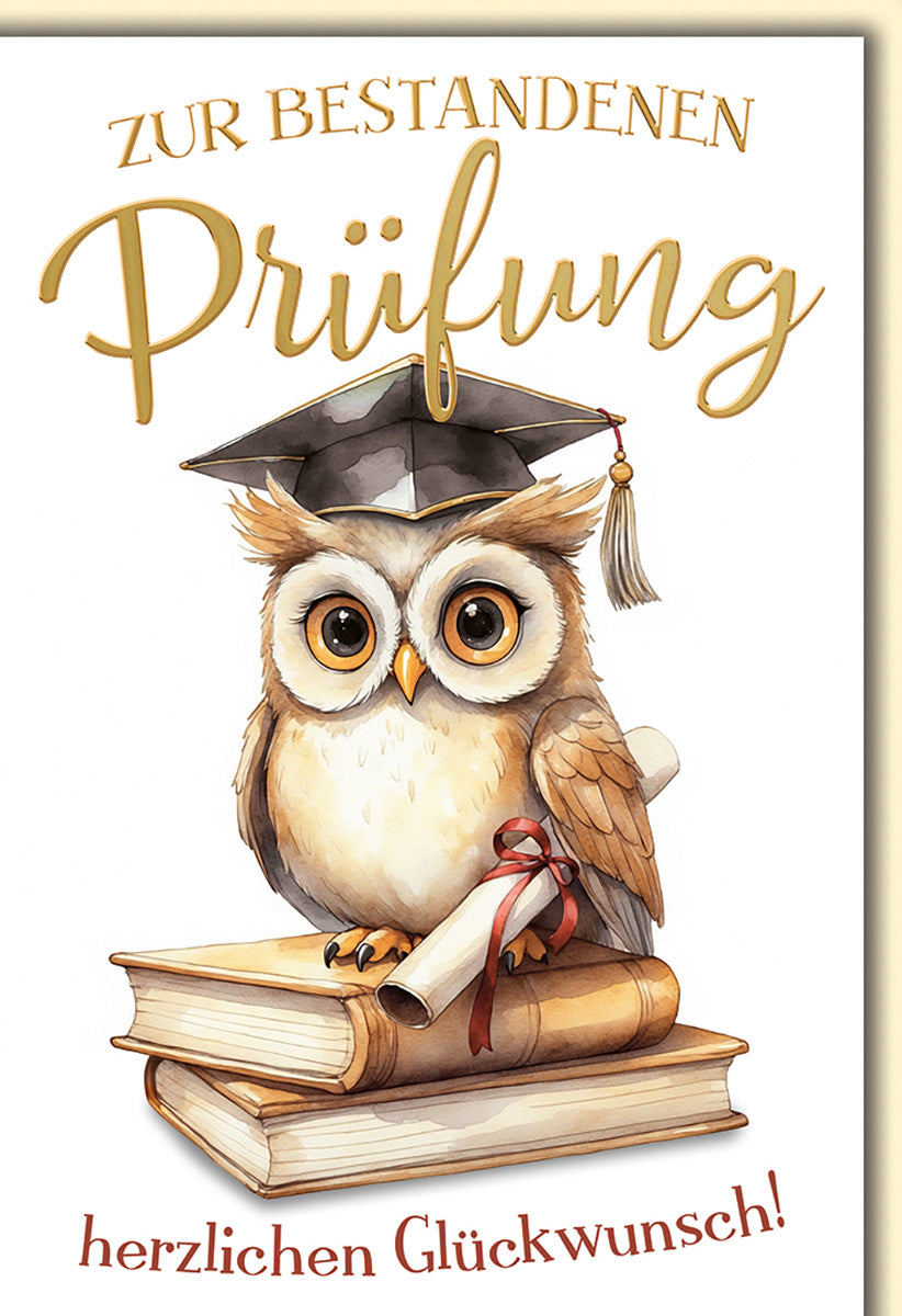 Prüfungskarte Eule mit Doktorhut – Humorvoller Glückwunsch zur bestandenen Prüfung, Vintage-Stil