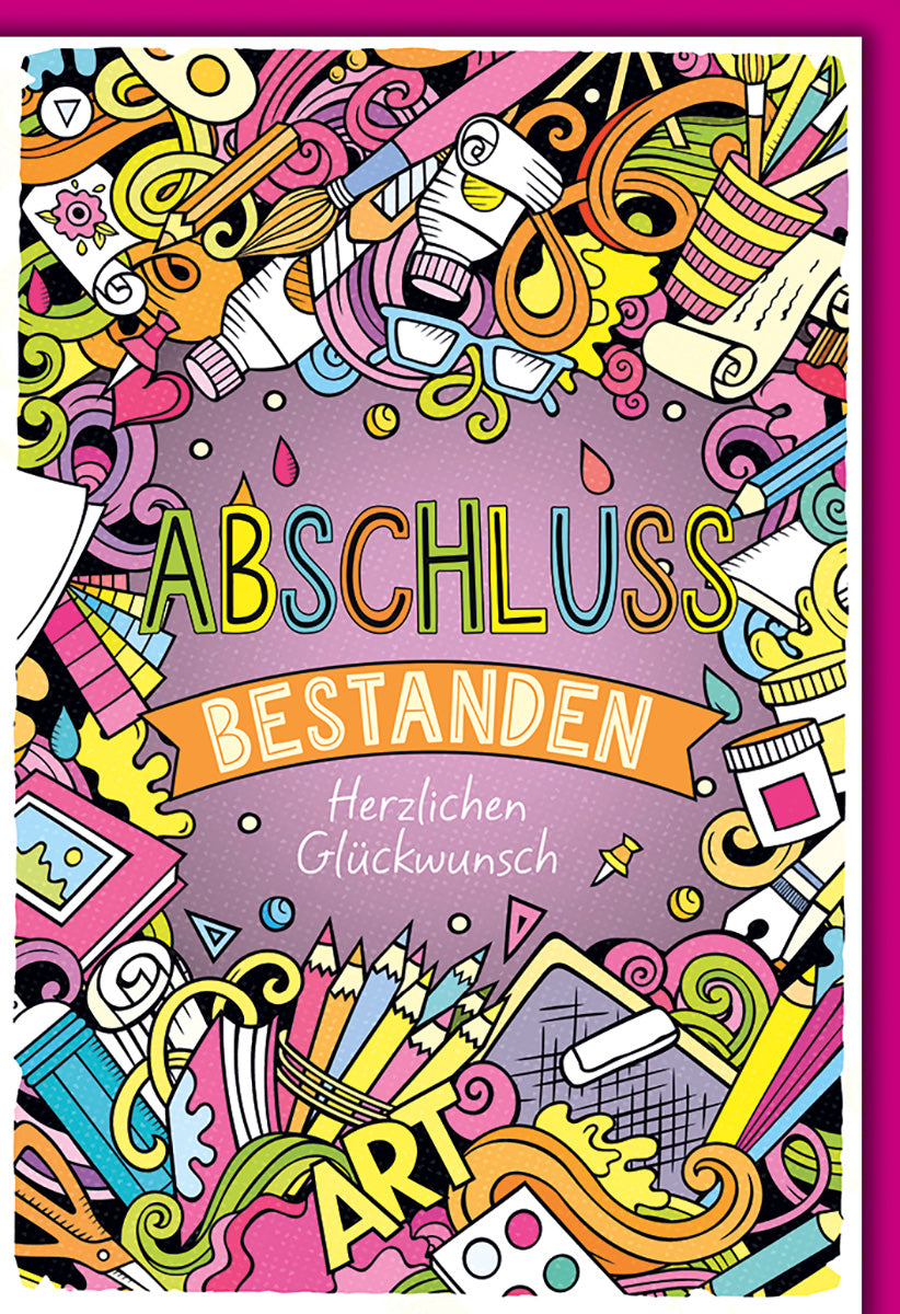 Prüfungskarte für Absolventen – Bunte, kreative Glückwünsche mit verspieltem Kunst-Design
