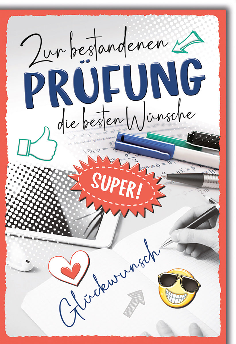 Prüfungskarte: Moderne Glückwünsche mit Emoji und Schreibutensilien in lebhaften Farben
