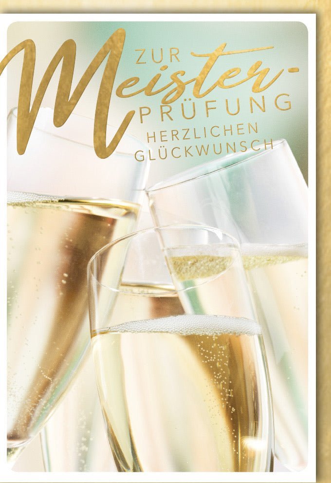 Prüfungsglückwunschkarte – Erfolgsfeier mit Cheers & Sektgläser Design, inklusive Folienprägung & Kuvert – Modern & Elegant