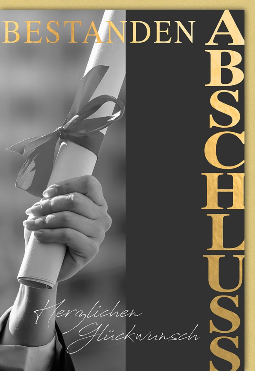 Prüfungskarte Abschluss Glückwunsch – Diplom Design, Schwarz-Weiß-Gold, Folien- & Blindprägung. Inkl. farblich passendem Kuvert.