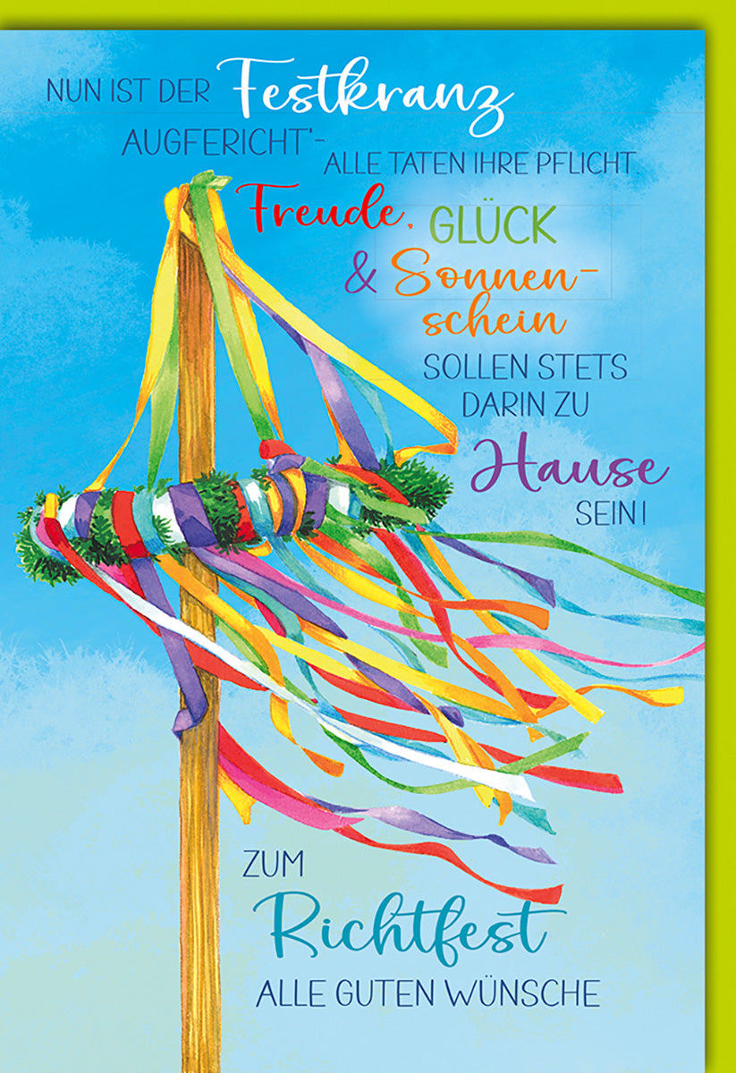Richtfestkarte: Bunter Festkranz mit farbenfrohen Bändern und inspirierendem Spruch für Bauherren