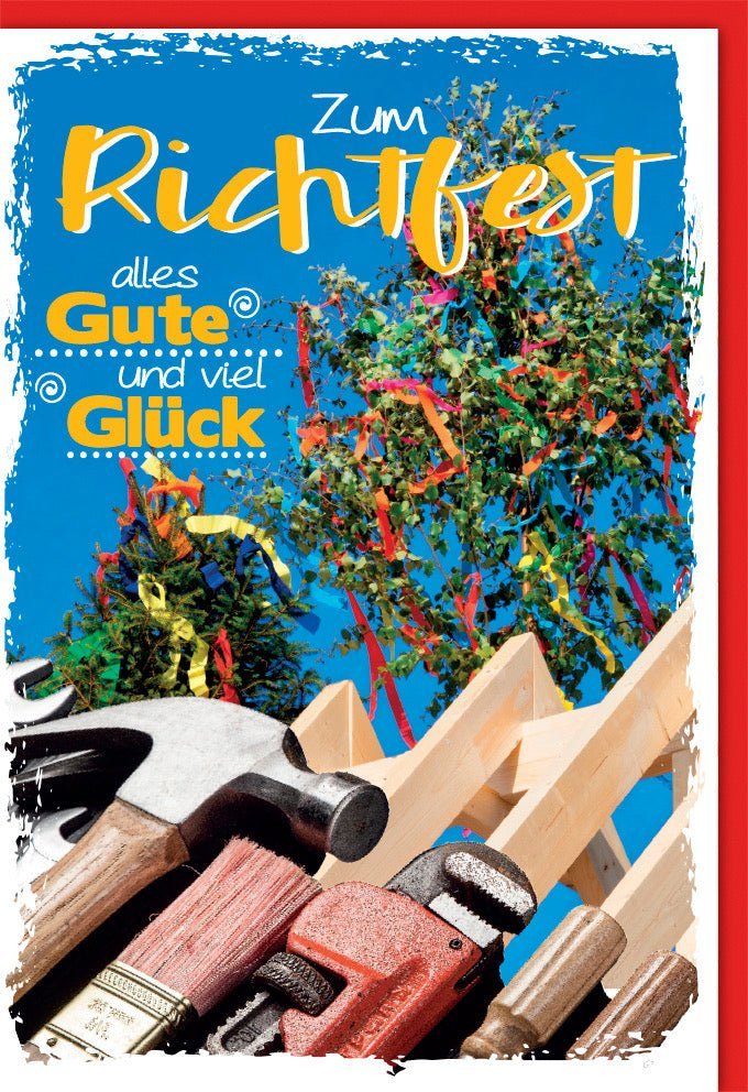 Richtfestkarte – Modernes Design mit Baum & Werkzeug Motiven für Baufortschritt, Umzug ins neue Heim, inklusive Kuvert