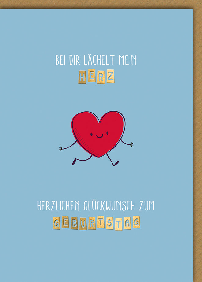 Romantische Geburtstagskarte: Süßes Herz-Maskottchen auf hellblauem Hintergrund