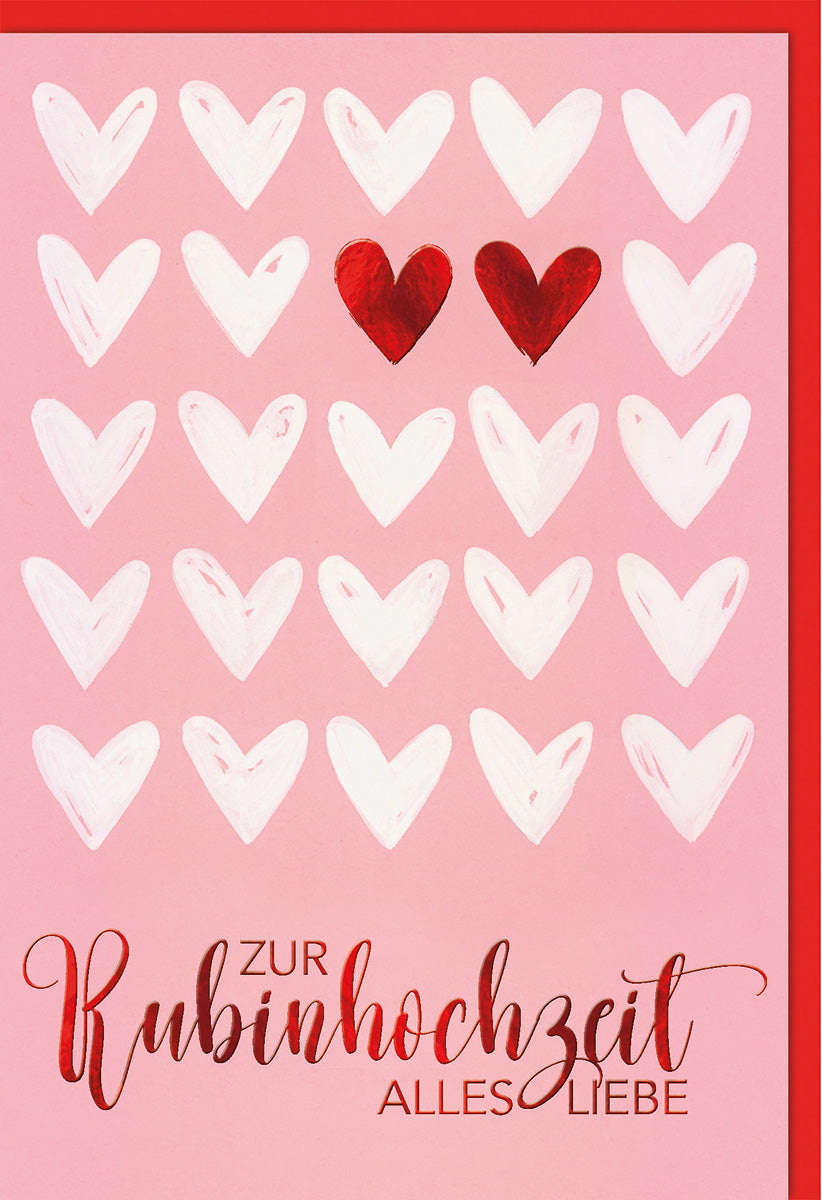 Rubinhochzeitskarte mit Herzmotiv – Romantische Rottöne auf zartem Rosa für das besondere Jubiläum