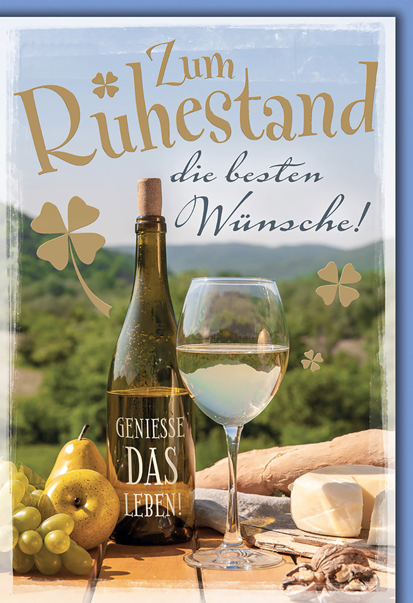 Ruhestandskarte: Elegantes Weindesign mit Naturmotiv und goldenen Akzenten für Genießer.