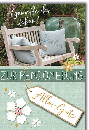 Ruhestandskarte: Entspannende Gartenbank-Szene mit Blumenmotiv und beruhigenden Pastelltönen