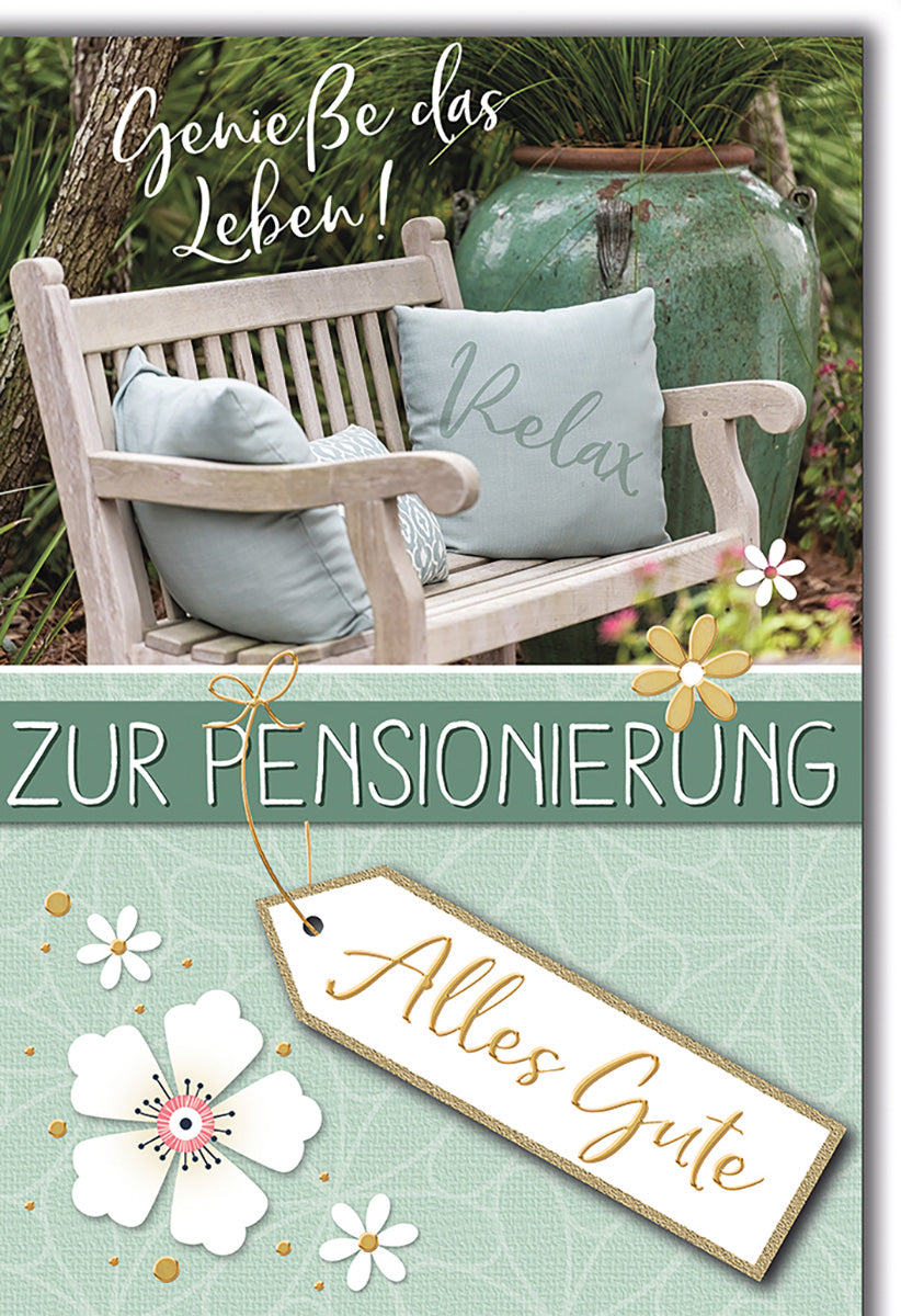 Ruhestandskarte: Entspannende Gartenbank-Szene mit Blumenmotiv und beruhigenden Pastelltönen