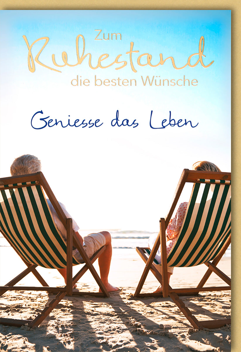 Ruhestandskarte: Entspannte Strandkulisse mit Liegestühlen – Perfekt für den wohlverdienten Ruhestand