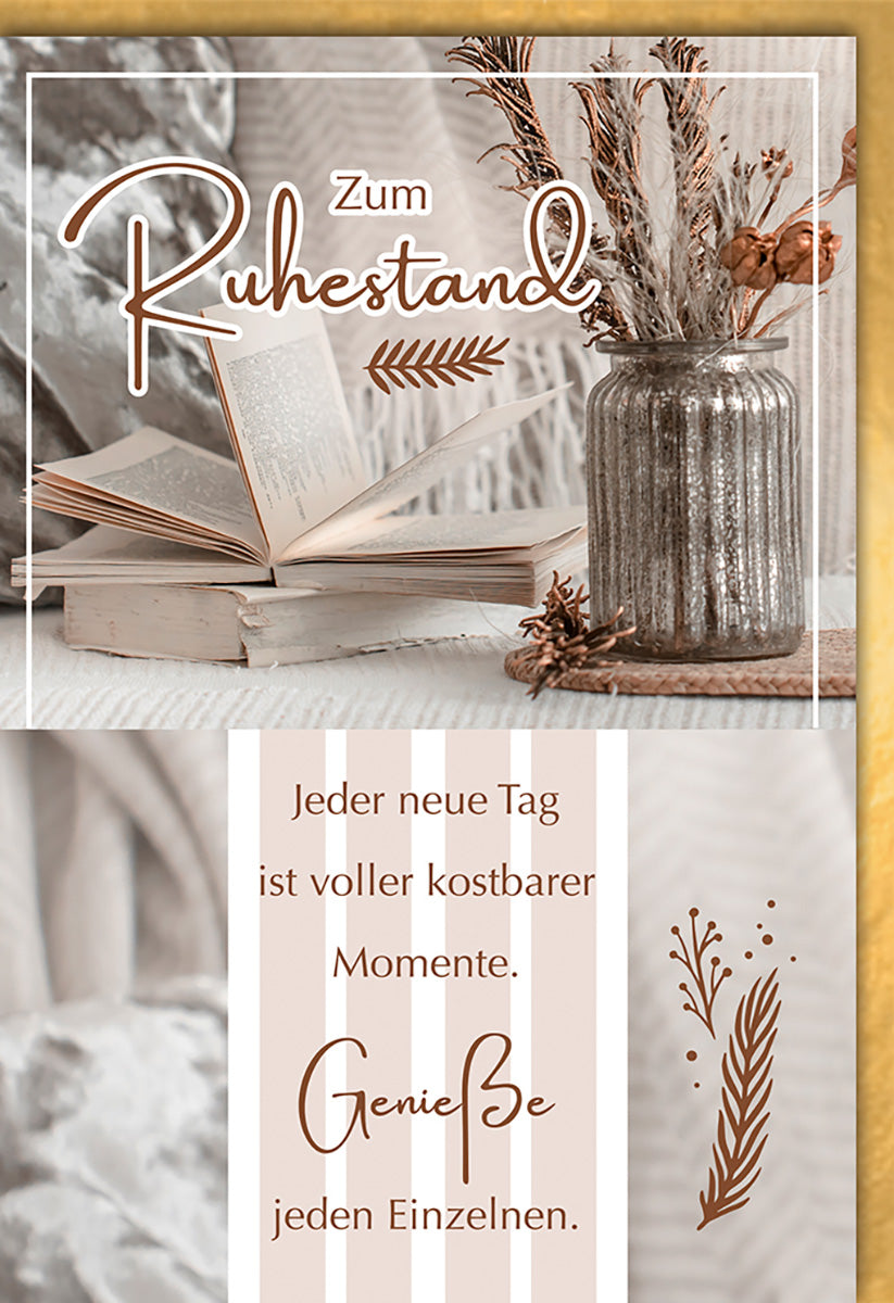 Ruhestandskarte Vintage-Stil: Elegantes Design mit Trockenblumen und inspirierendem Zitat für den Abschied