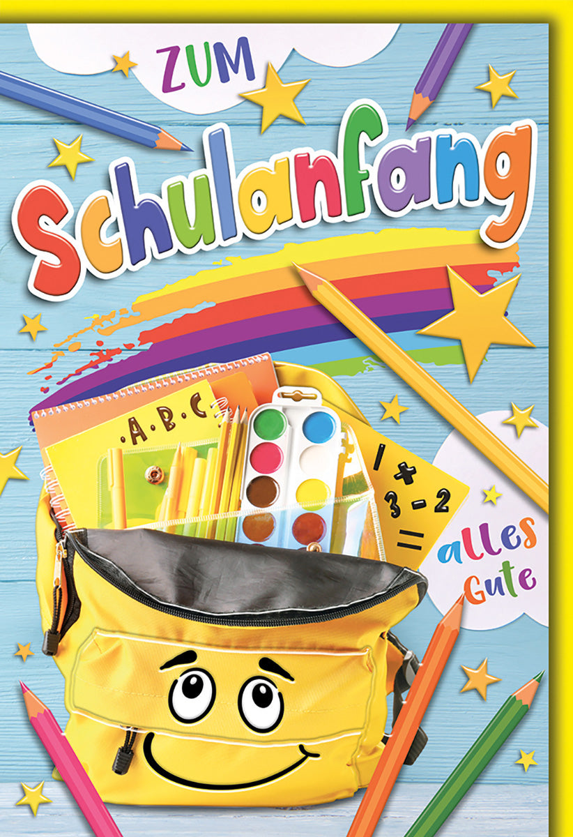 Schulanfangskarte: Bunter Rucksack mit fröhlichem Gesicht, Regenbogen und Schulmaterialien für Kinder.