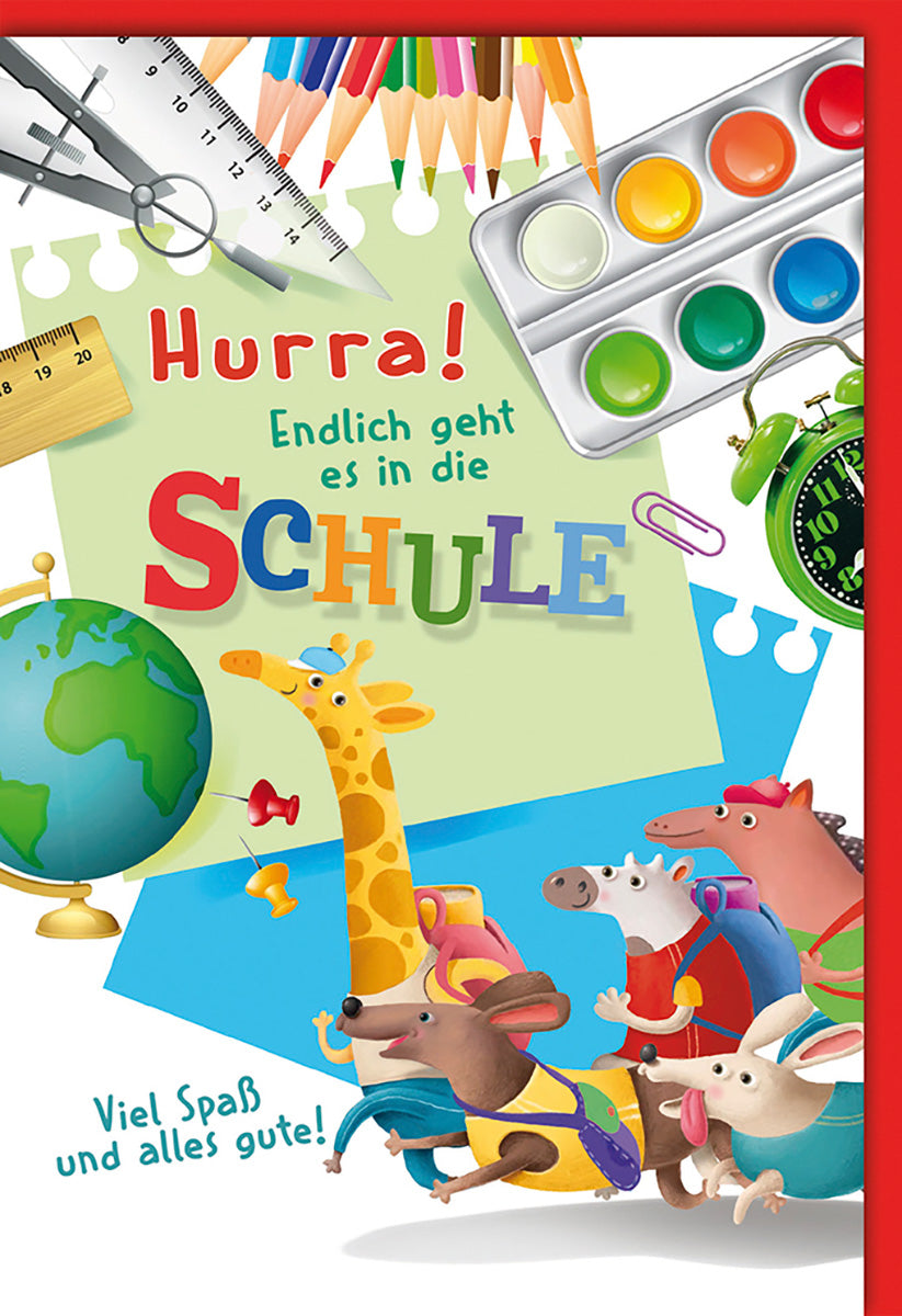Schulanfangskarte für Kinder – Bunte Tiermotive, fröhlicher Stil, kreative Schulsymbole