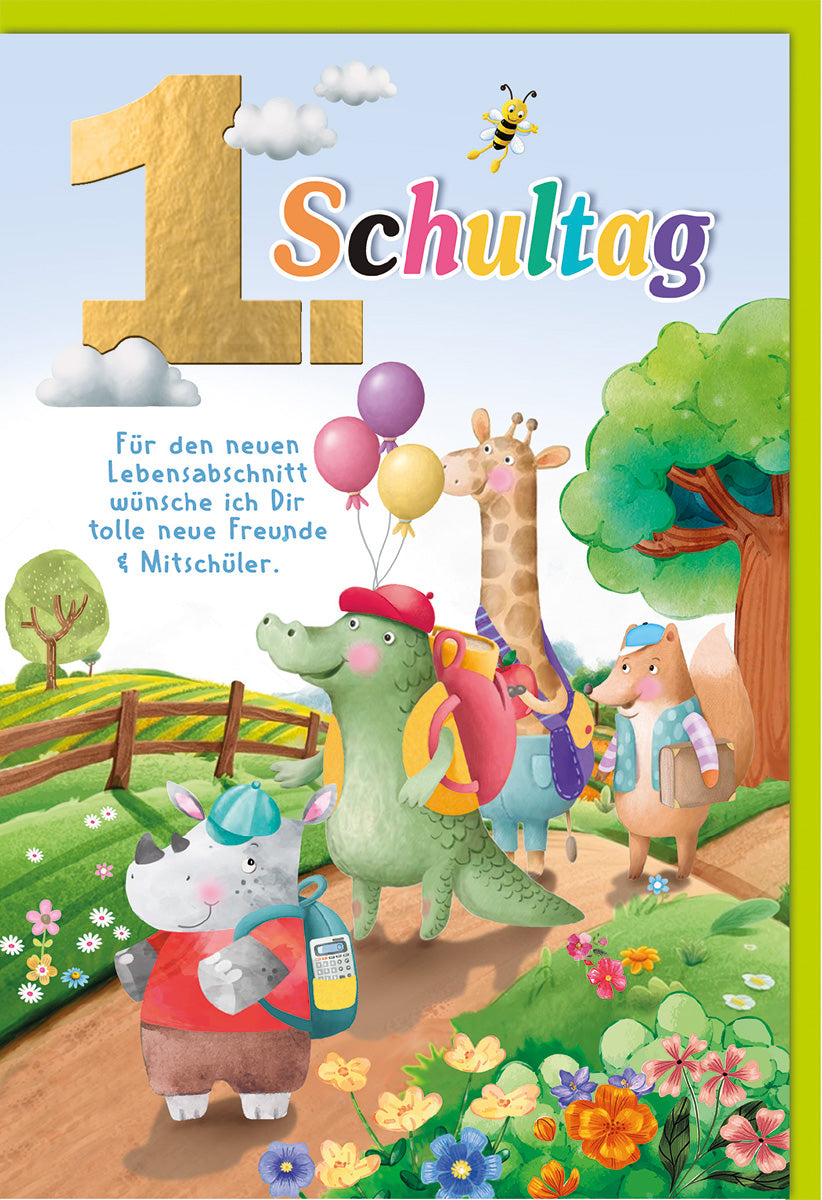 Schulanfangskarte für Kinder: Bunte Tierparade mit Luftballons und Naturmotiv, fröhlich und kindgerecht