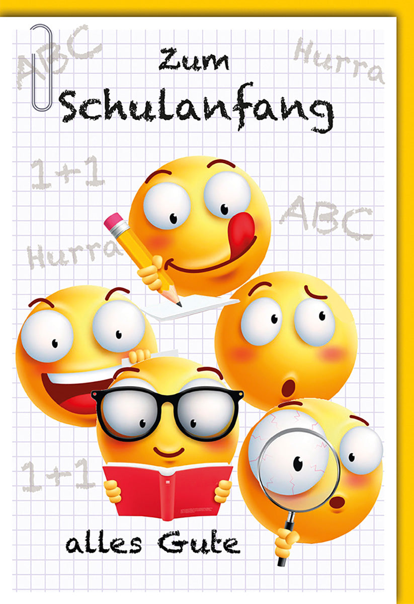 Schulanfangskarte für Kinder – Lustige Emojis auf kariertem Hintergrund mit fröhlichen Farben