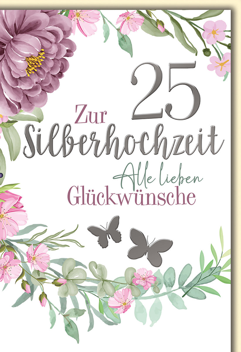 Silberhochzeitskarte – Elegante Blumen & Schmetterlinge in Pastellfarben für romantische Jubiläen