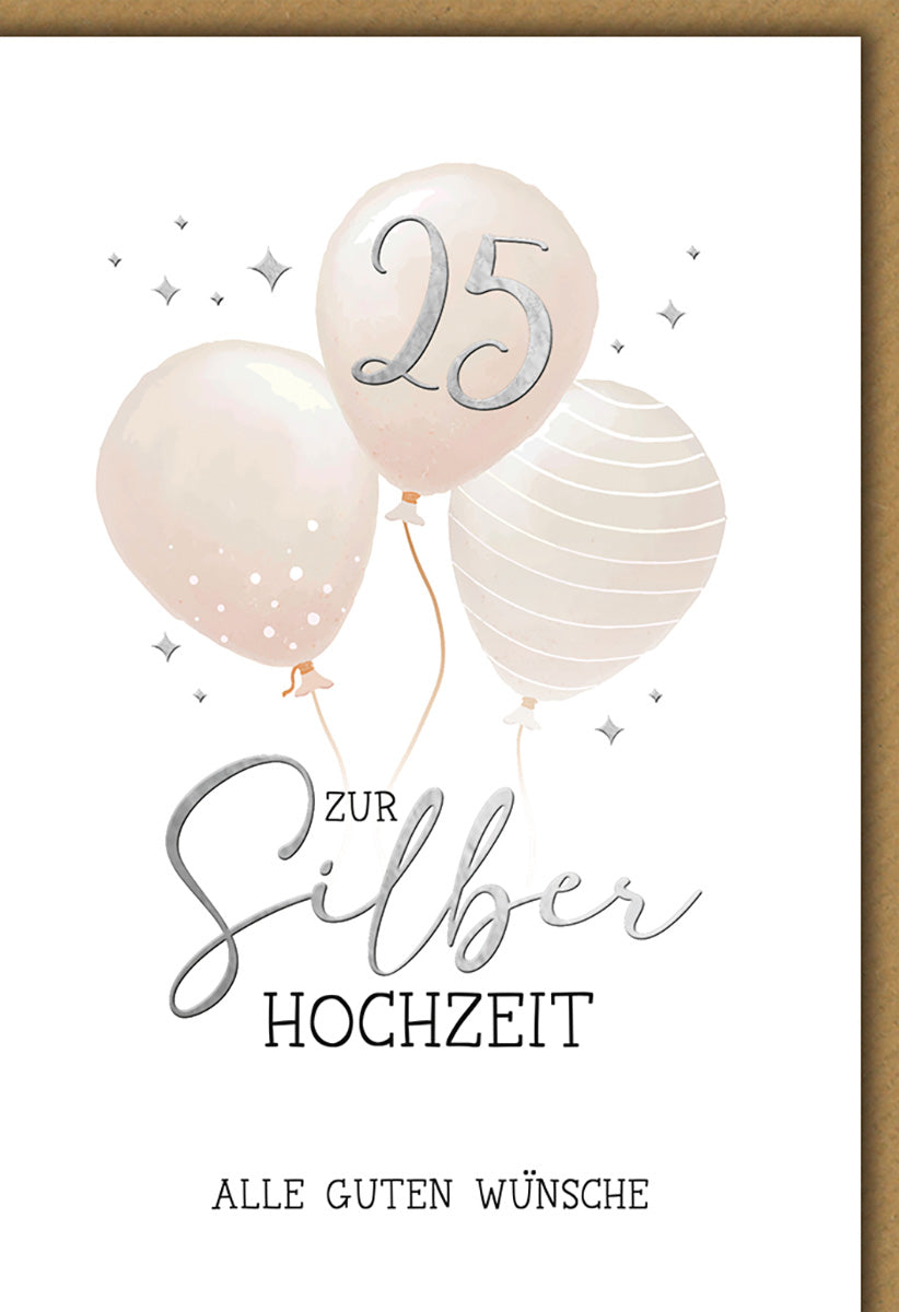 Silberhochzeitskarte mit eleganten Ballons, schimmernden Silberakzenten und stilvollem Design für Jubiläen