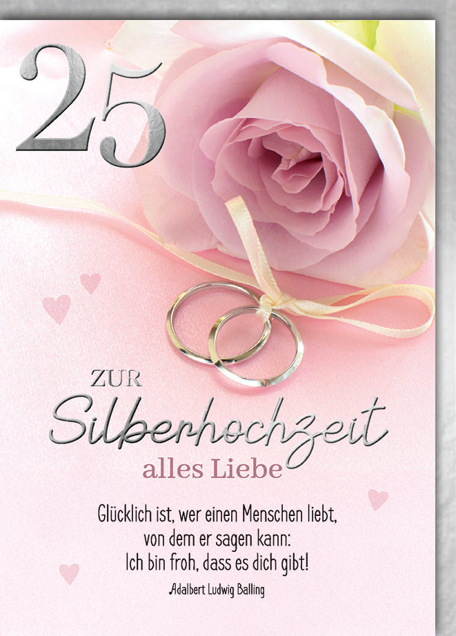 Silberhochzeitskarte Romantisch: Rosa Ranunkel mit goldenen Eheringen, elegante Zahl 25
