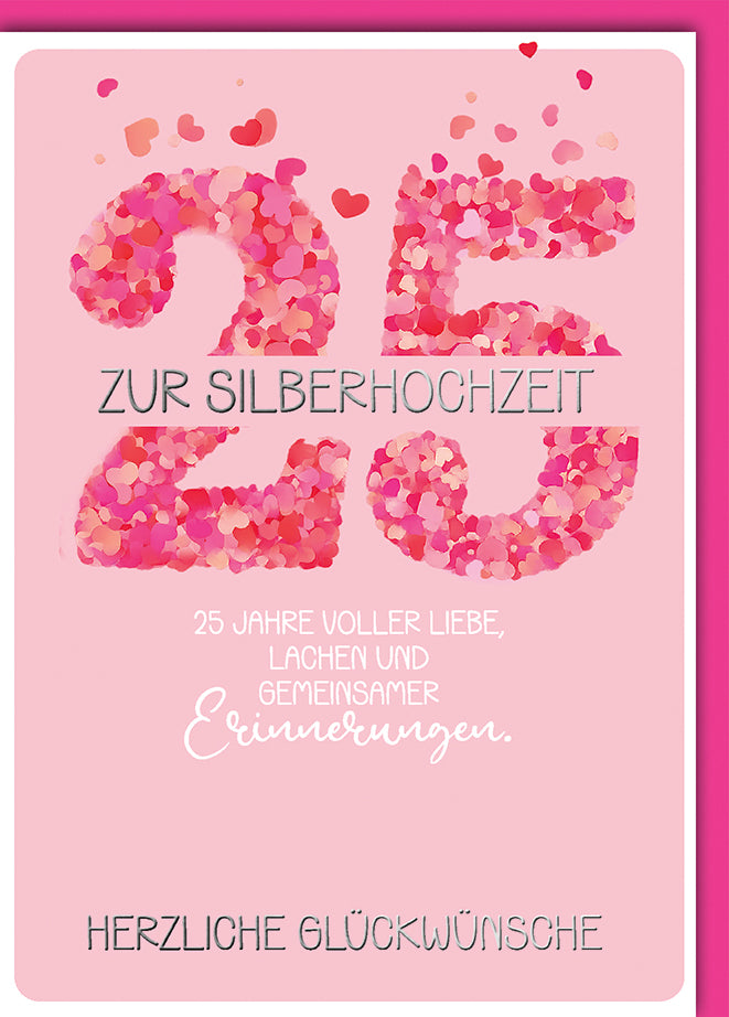 Silberhochzeitskarte Romantisch: Zahl 25 aus rosa Konfettiherzen, elegante Typografie
