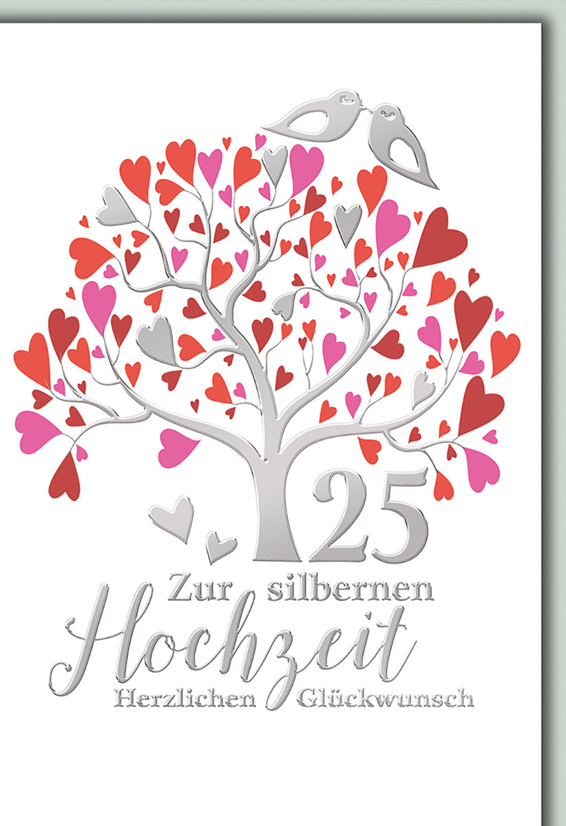 Silberhochzeitskarte: Romantischer Herzbaum mit Tauben, Rot- und Rosatöne, für das 25-jährige Jubiläum
