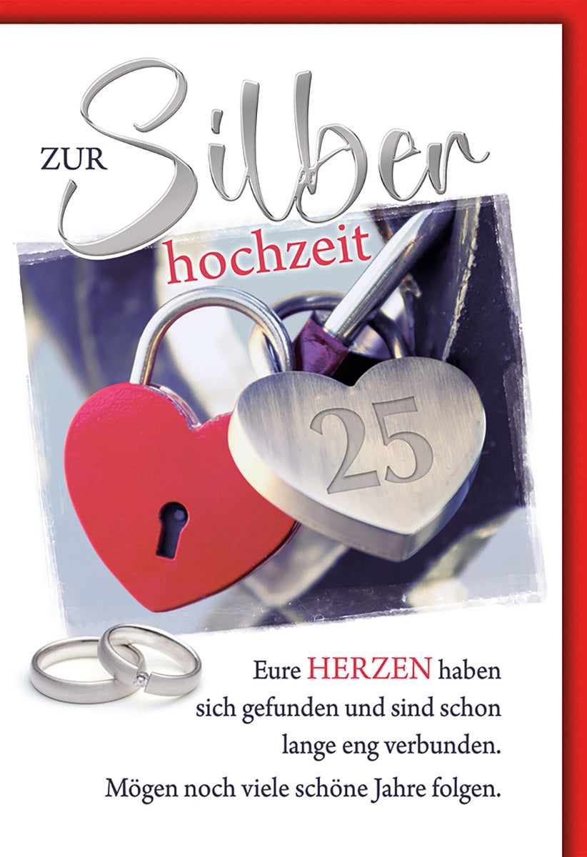 Silberhochzeitskarte: Romantisches Herzschloss-Design mit silbernen Akzenten und Jubiläumszahl 25