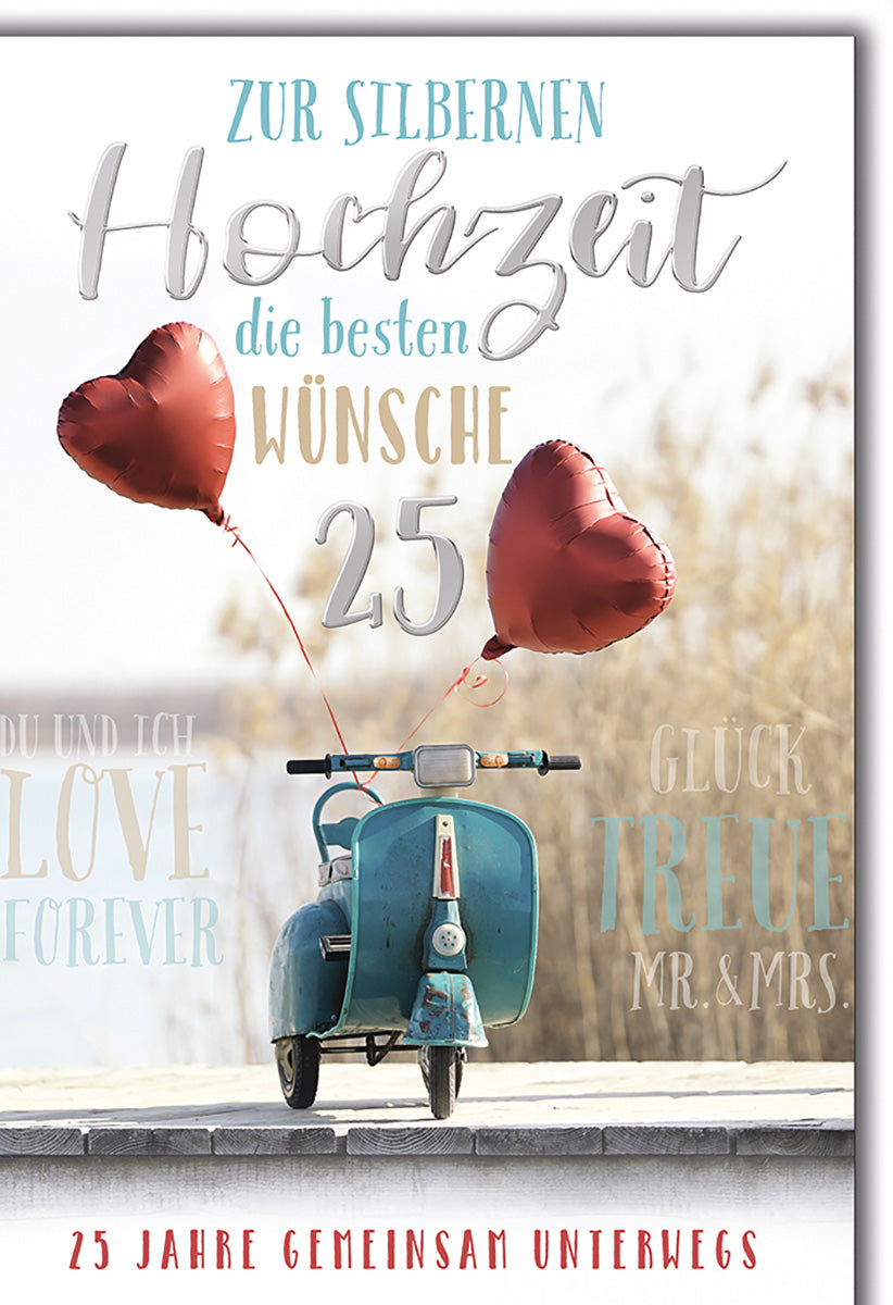 Silberhochzeitskarte Vintage-Stil: Romantische Vespa & Herzballons, Perfekt für Paare zum 25. Jubiläum