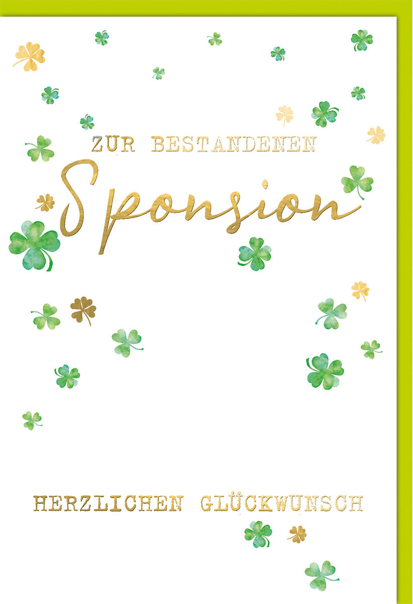 Sponsionskarte – Elegantes Design mit grünen Kleeblättern und goldener Schrift für Glückwünsche