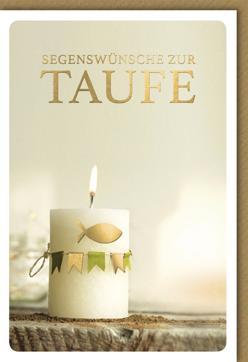 Taufkarte Creme & Gold mit Kuvert – Christliches Geschenk mit Kerzen & Fischsymbol | Segenswünsche für Patenkind & Eltern