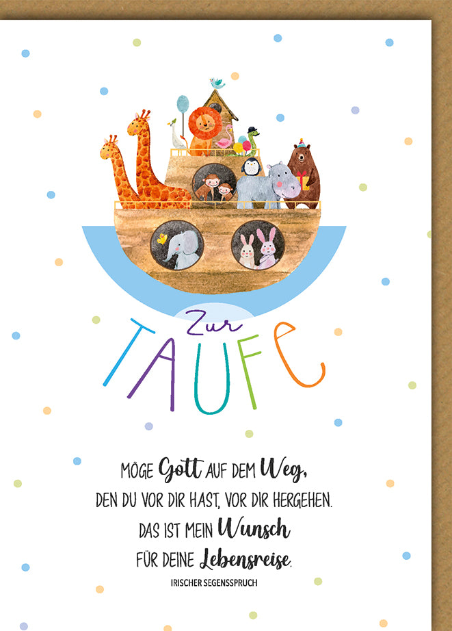 Taufkarte Arche Noah: Aquarell-Tiermotiv mit irischem Segensspruch, bunte Punkte
