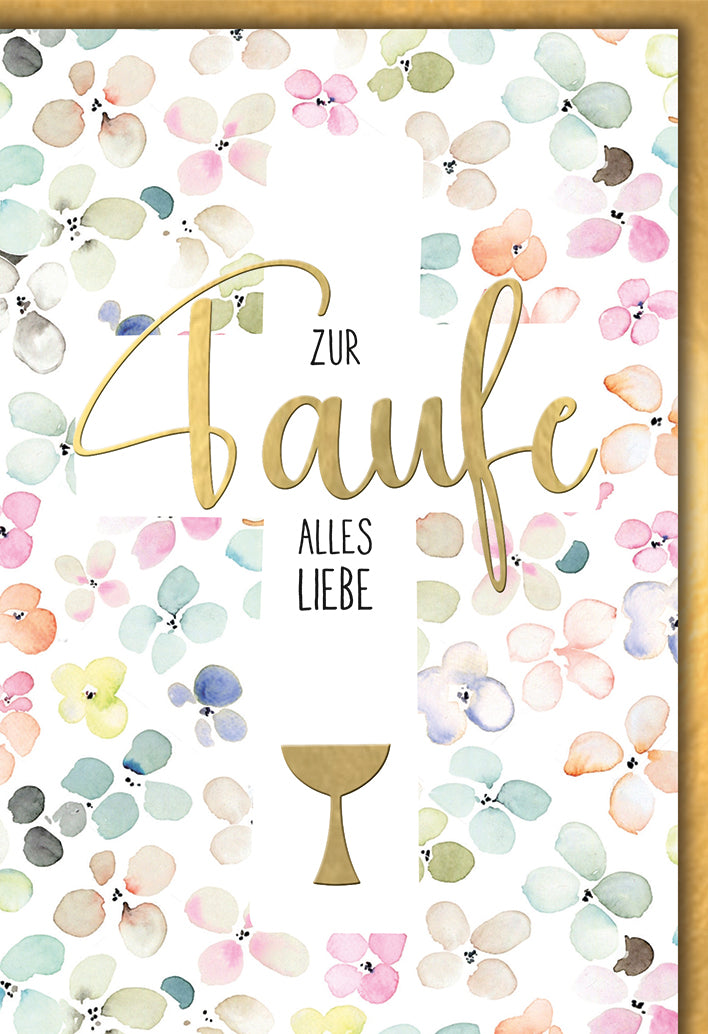 Taufkarte Elegant: Aquarell-Blüten in Pastelltönen mit goldenem Kelch-Symbol