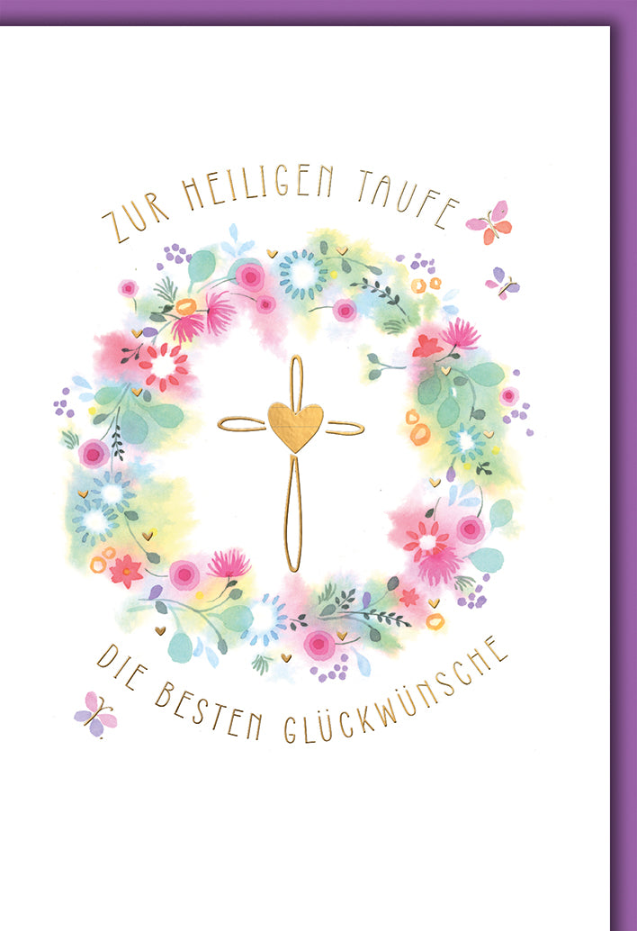 Taufkarte Elegant: Aquarell-Blumenkranz mit goldenem Kreuz und Schmetterlingen