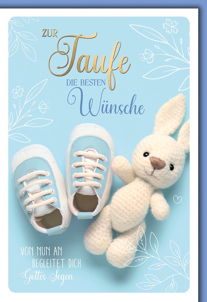 Taufkarte Elegant: Babyschuhe und Strickhase in sanftem Blau mit Segen-Spruch