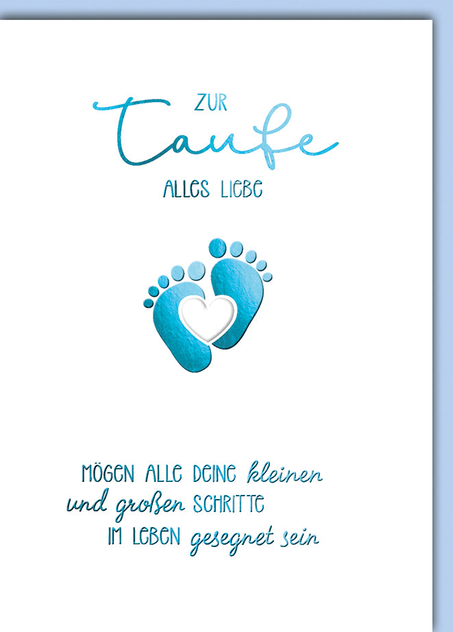 Taufkarte Elegant: Blaue Babyfüßchen mit Herz und Segenswunsch-Spruch