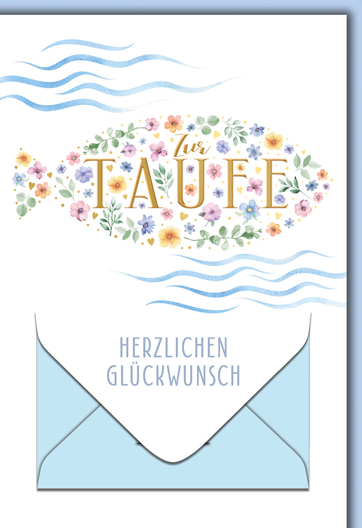 Taufkarte Elegant: Blüten-Ornament in Aquarell mit goldener Schrift, Geldkuvert